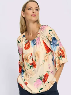Chemisier à encolure Carmen avec motifs floraux et manches 3/4 volantes