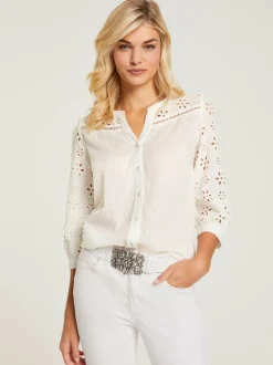 Chemisier en coton à encolure ronde et broderie ajourée
