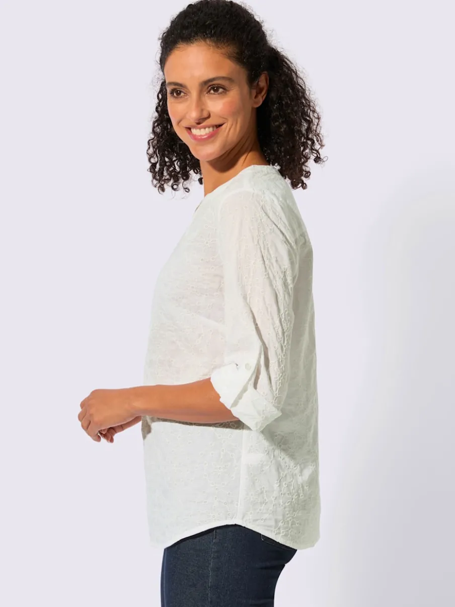 Chemisier en coton à encolure V et manches retroussables avec motif brodé