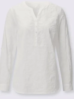 Chemisier en coton à encolure V et manches retroussables avec motif brodé