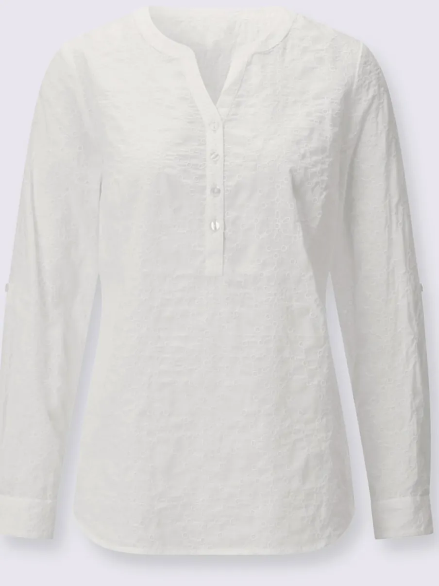 Chemisier en coton à encolure V et manches retroussables avec motif brodé