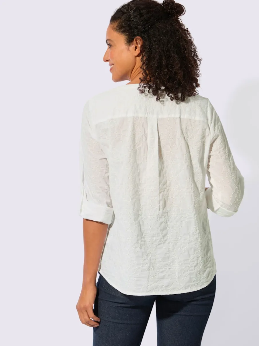 Chemisier en coton à encolure V et manches retroussables avec motif brodé