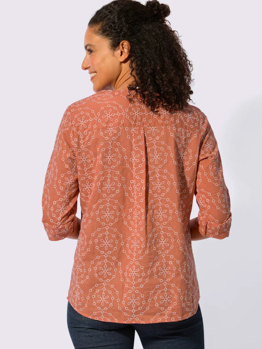 Chemisier en coton à encolure V et manches retroussables avec motif brodé