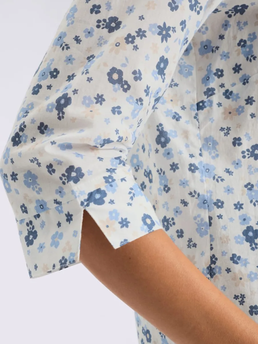 Chemisier en coton motif floral col V manches 3/4