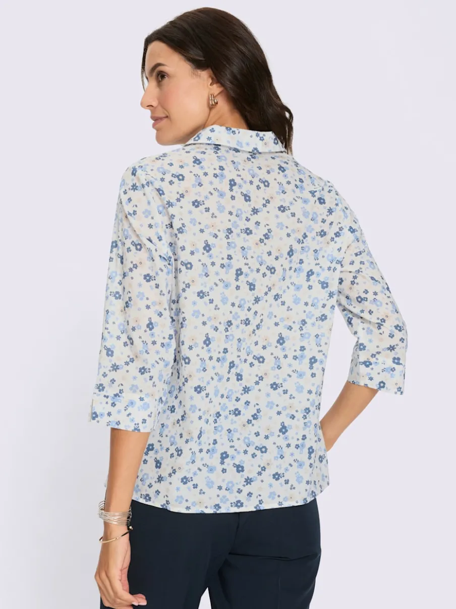 Chemisier en coton motif floral col V manches 3/4