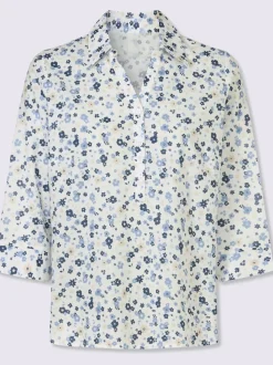Chemisier en coton motif floral col V manches 3/4