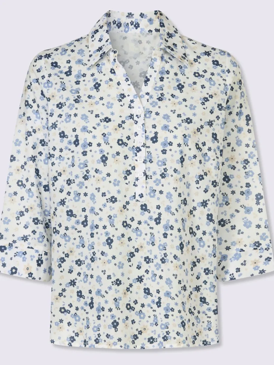 Chemisier en coton motif floral col V manches 3/4
