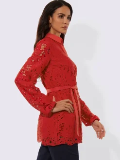 Chemisier en dentelle à col chemise et manches longues avec lien à nouer