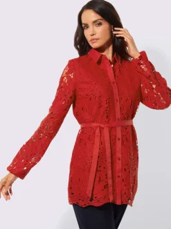 Chemisier en dentelle à col chemise et manches longues avec lien à nouer