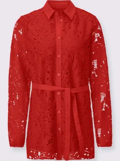 Chemisier en dentelle à col chemise et manches longues avec lien à nouer