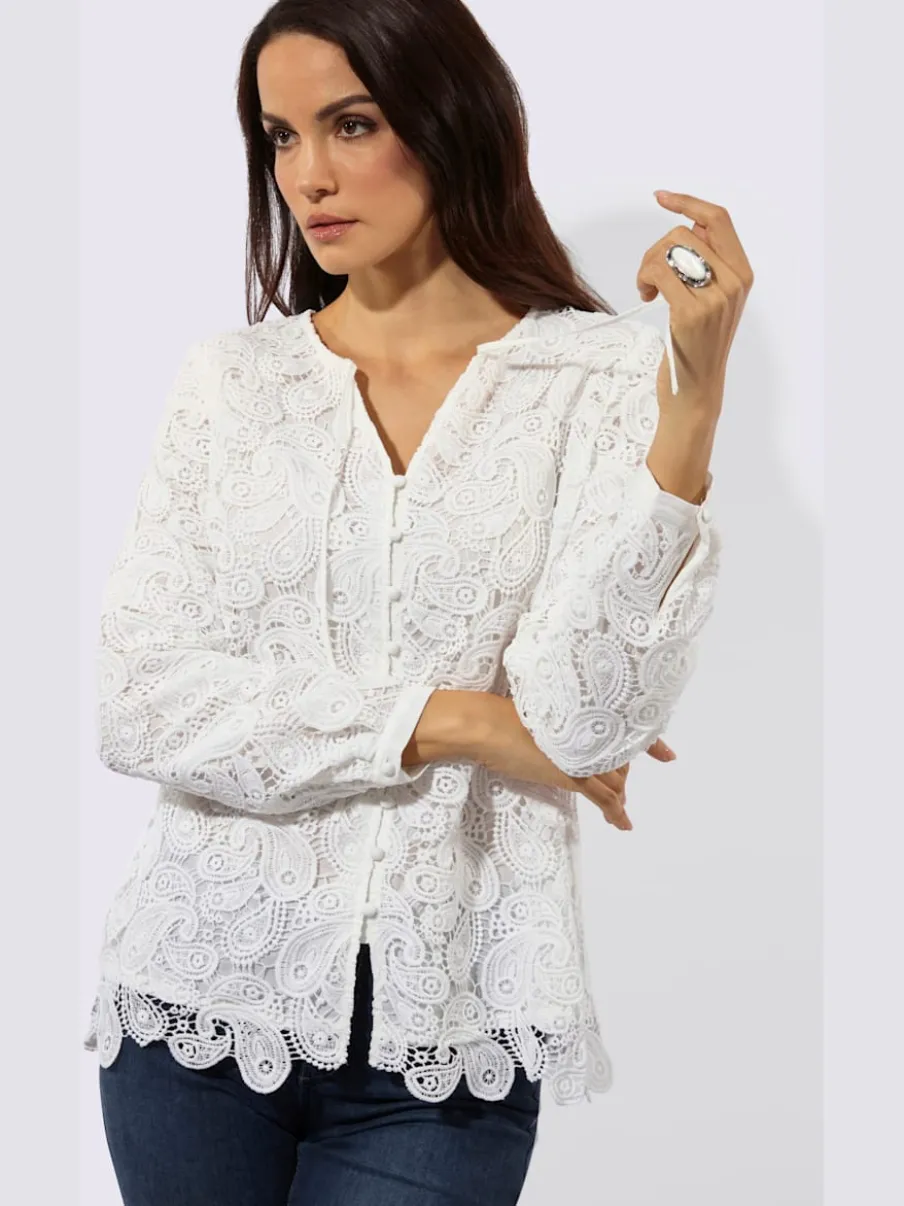 Chemisier en dentelle à col V et manches longues avec motif paisley