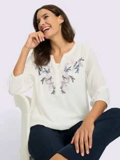 Chemisier à enfiler avec broderie feuilles et col V ouvert