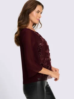 Chemisier en georgette jolie broderie florale avec perles décoratives