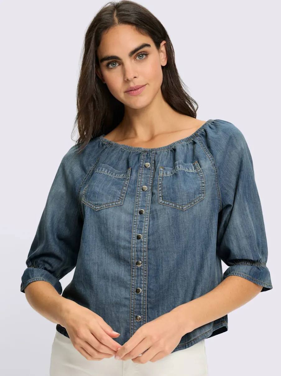 Chemisier en jean avec encolure Carmen et manches 3/4 volantes