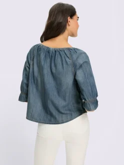 Chemisier en jean avec encolure Carmen et manches 3/4 volantes