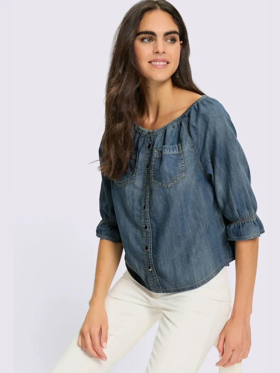 Chemisier en jean avec encolure Carmen et manches 3/4 volantes