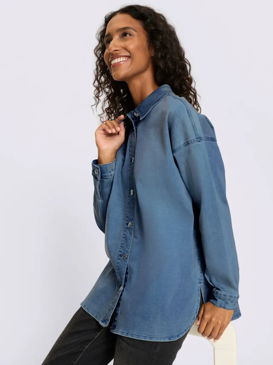 Chemisier en jean coton extensible avec col chemise