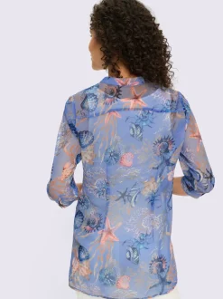 Chemisier en mousseline avec col montant et manches 3/4 à motifs coquillage