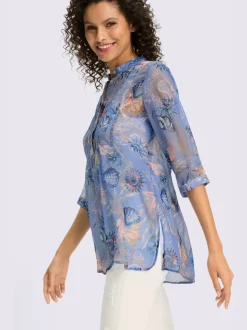 Chemisier en mousseline avec col montant et manches 3/4 à motifs coquillage