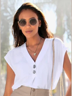 Chemisier en V avec boutons et manches courtes en viscose