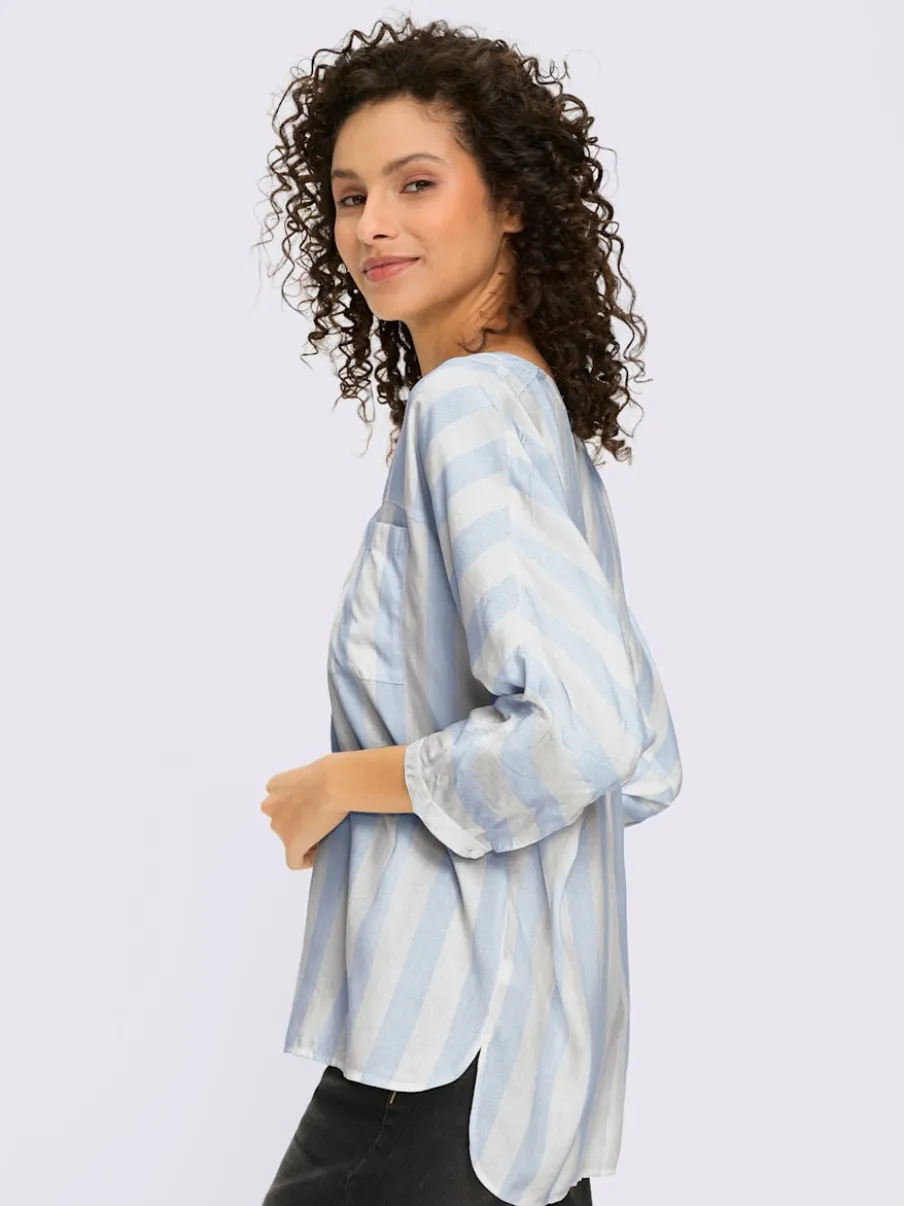 Chemisier en viscose fluide avec col V et manches 3/4 rayées