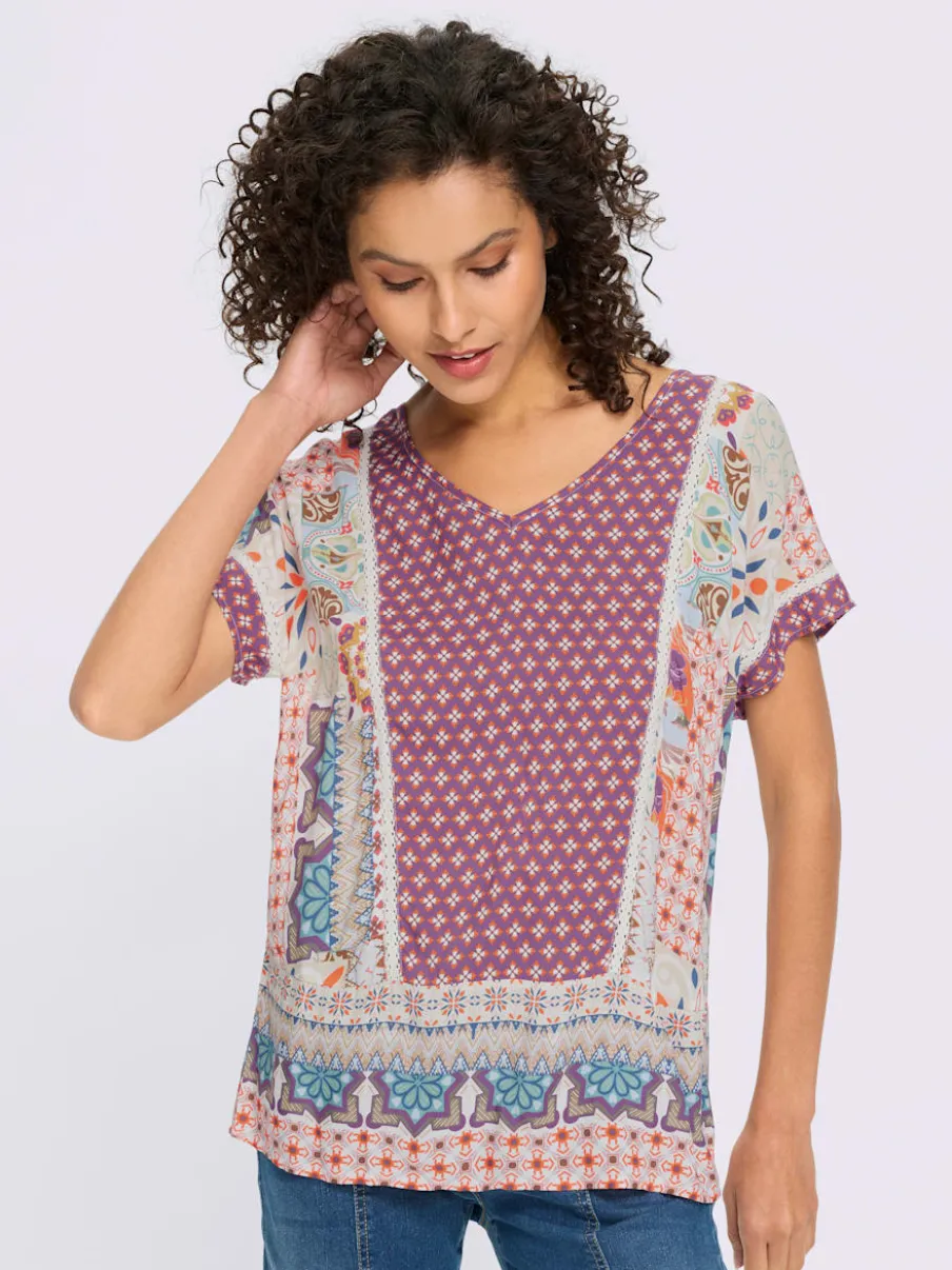 Chemisier en V à manches courtes avec motif patchwork