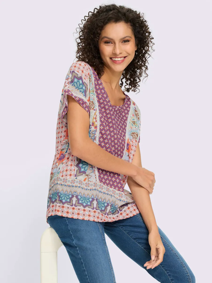 Chemisier en V à manches courtes avec motif patchwork