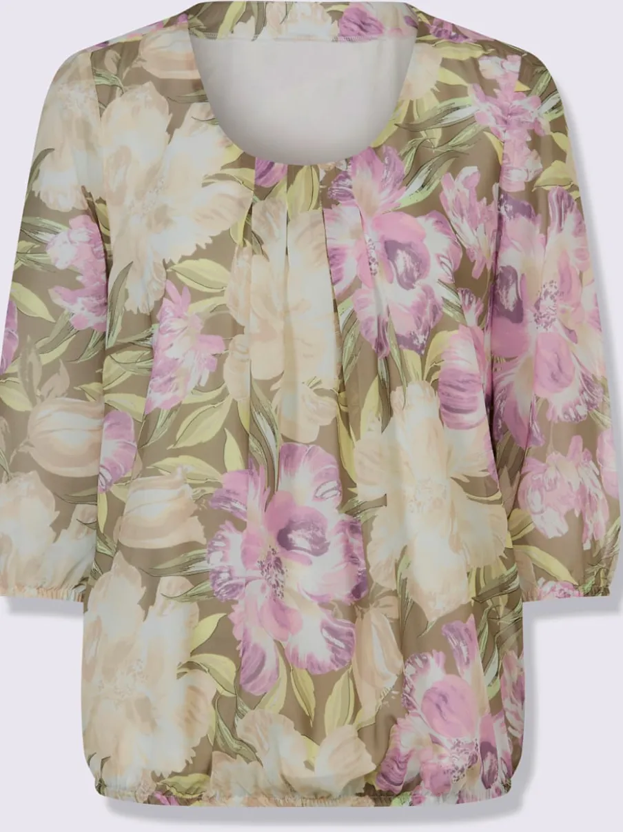 Chemisier fleuri avec col à plis et manches transparentes