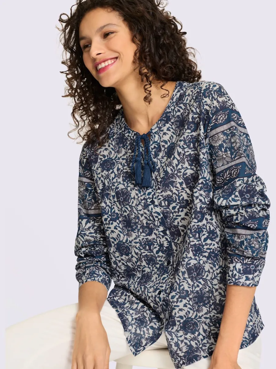 Chemisier floral manches longues encolure V coton doux