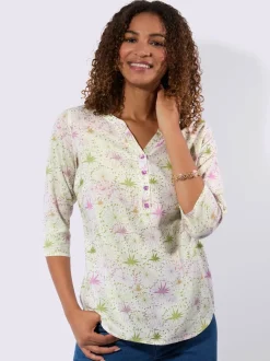 Chemisier floral manches trois quarts col V ouvert