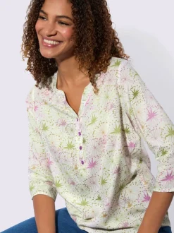 Chemisier floral manches trois quarts col V ouvert
