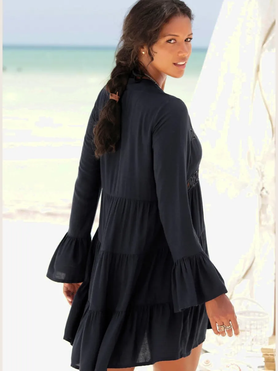 Chemisier long caftan avec col V et manches longues volantes