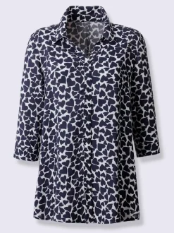 Chemisier long à col chemise ouvert avec imprimé cœur et manches 3/4