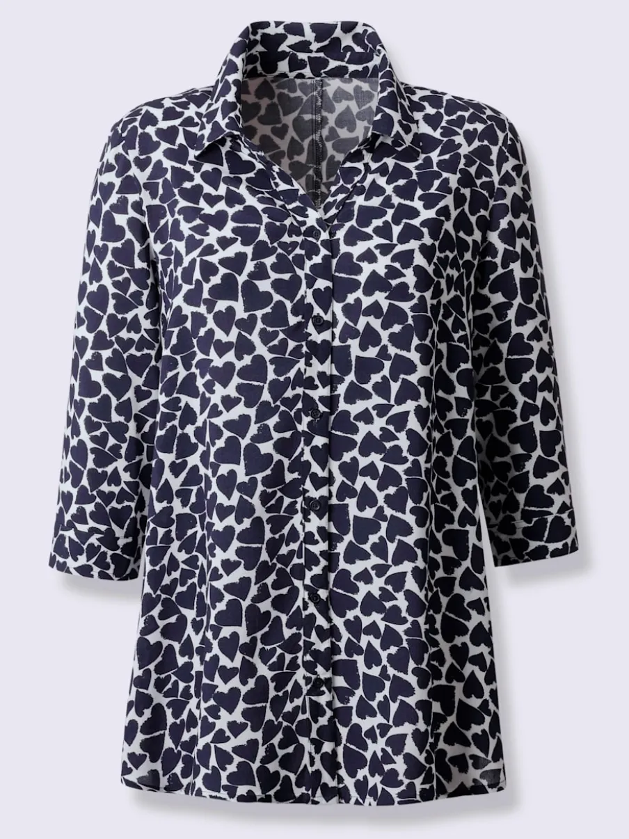 Chemisier long à col chemise ouvert avec imprimé cœur et manches 3/4