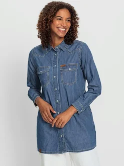 Chemisier long en jean avec col chemise et manches longues
