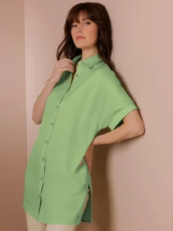 Chemisier long en lyocell avec patte de boutonnage et mancherons