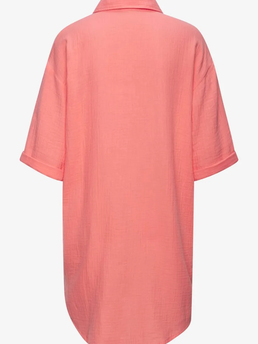Chemisier long en pur coton avec col classique et manches 3/4