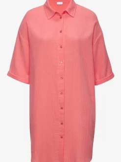 Chemisier long en pur coton avec col classique et manches 3/4