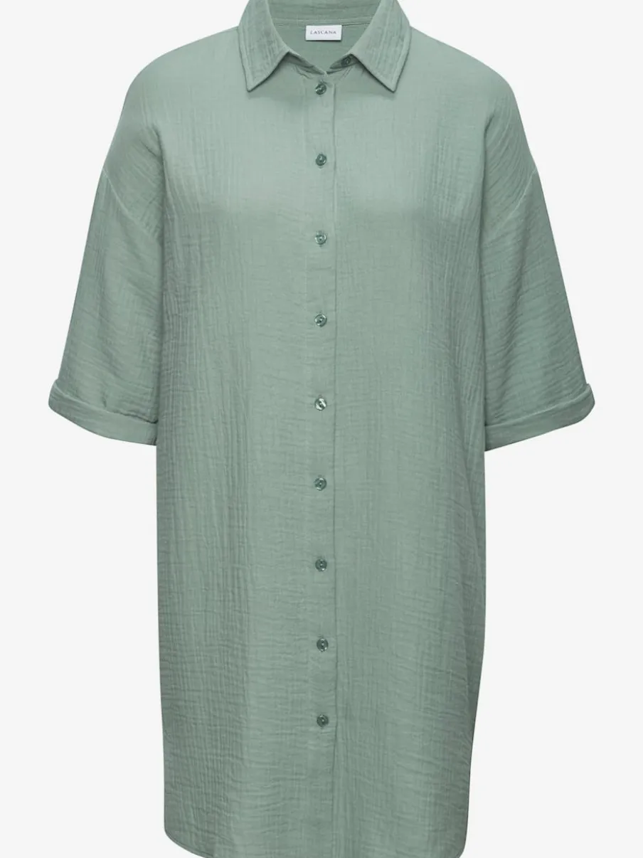 Chemisier long en pur coton avec col classique et manches 3/4