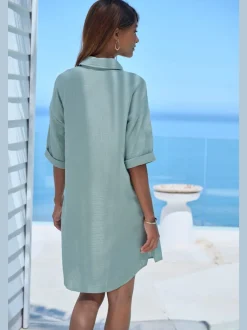 Chemisier long en pur coton avec col classique et manches 3/4