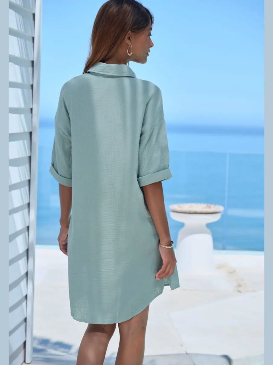 Chemisier long en pur coton avec col classique et manches 3/4