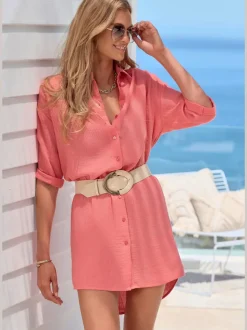 Chemisier long en pur coton avec col classique et manches 3/4