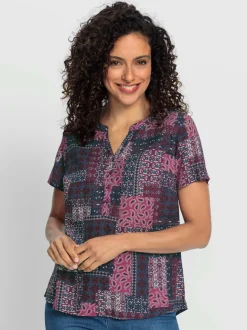 Chemisier à manches courtes avec col rond et motif patchwork
