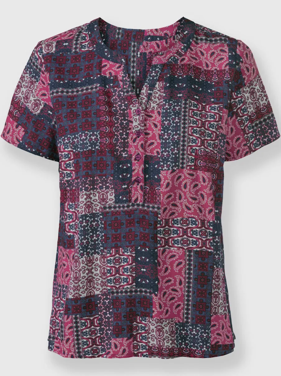 Chemisier à manches courtes avec col rond et motif patchwork