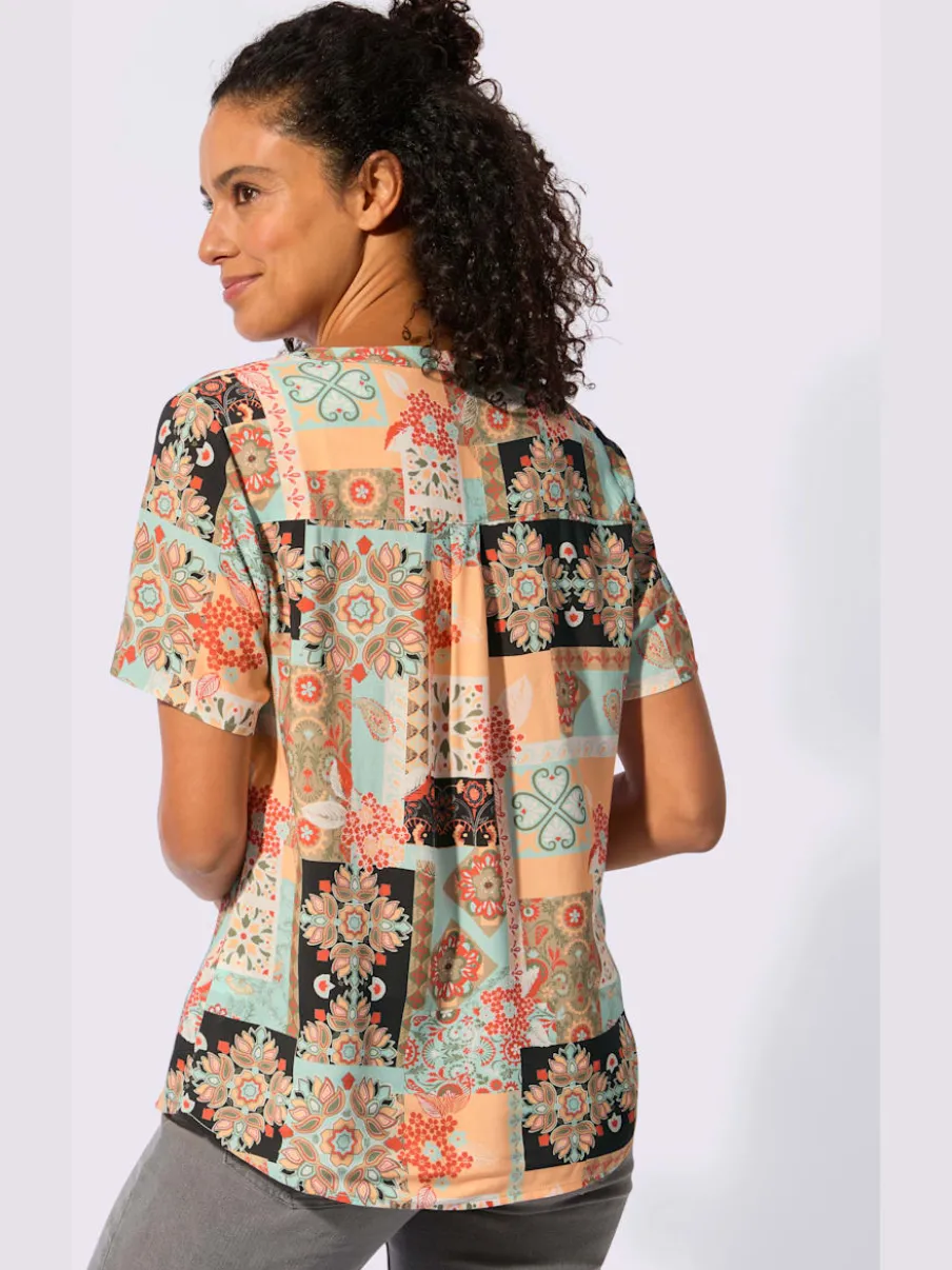 Chemisier à manches courtes avec col V et effet patchwork