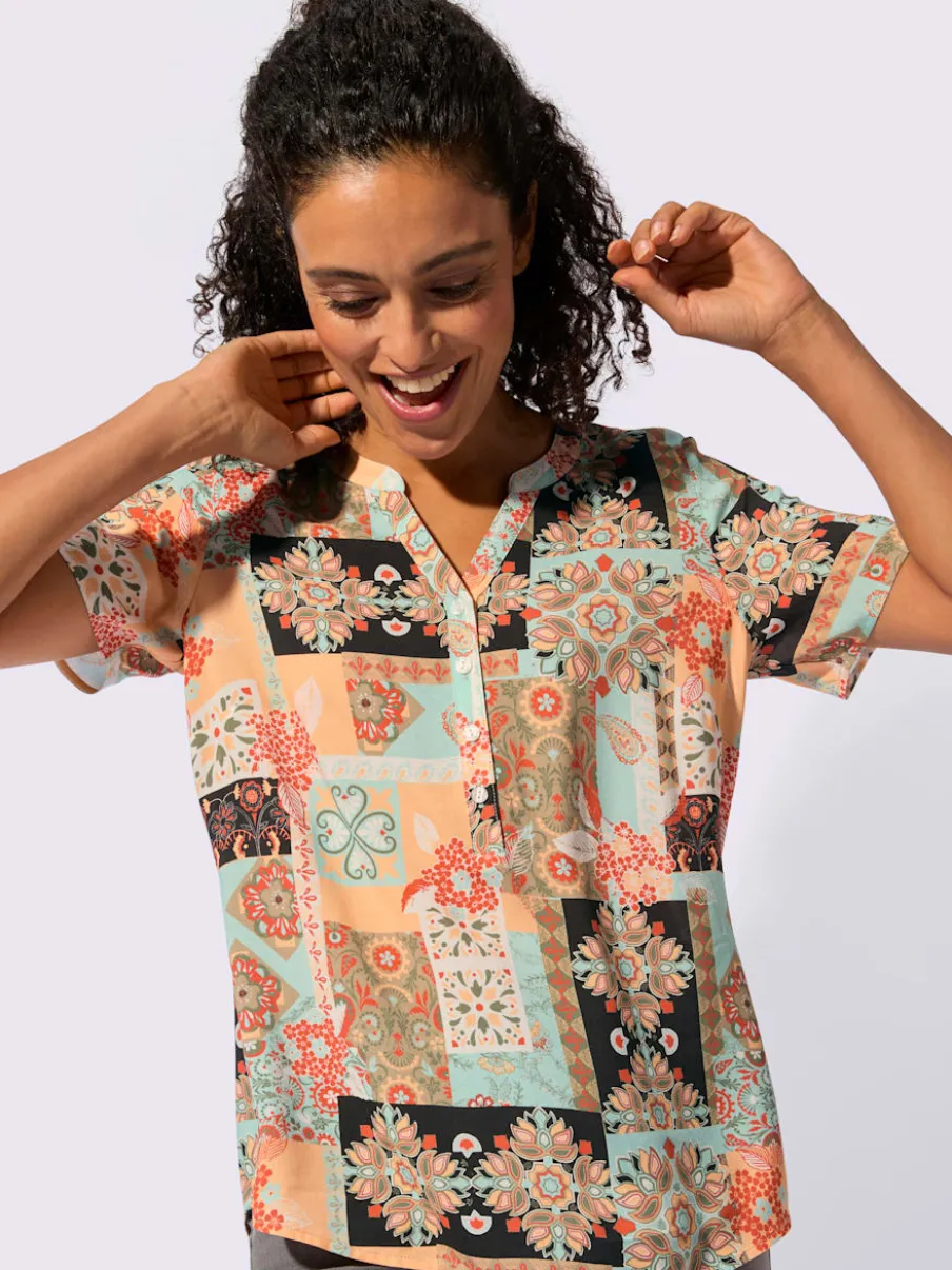 Chemisier à manches courtes avec col V et effet patchwork