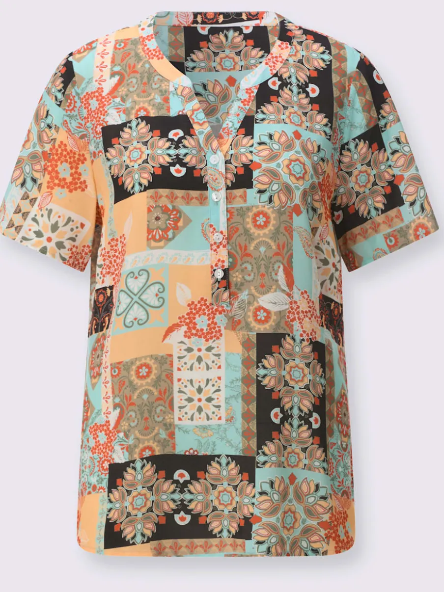 Chemisier à manches courtes avec col V et effet patchwork