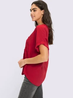 Chemisier à manches courtes en viscose avec franges et encolure ronde
