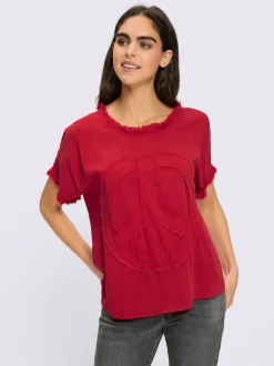 Chemisier à manches courtes en viscose avec franges et encolure ronde