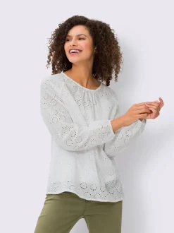 Chemisier à manches longues en pur coton avec broderie ajourée